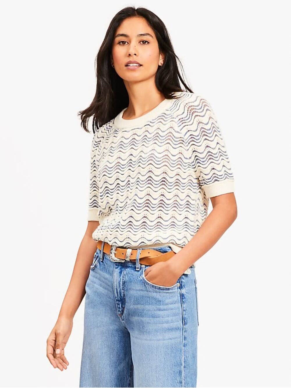 LOFT Wavy Stitch Raglan Sweater Tee in Pearl White and Blue - Size XS